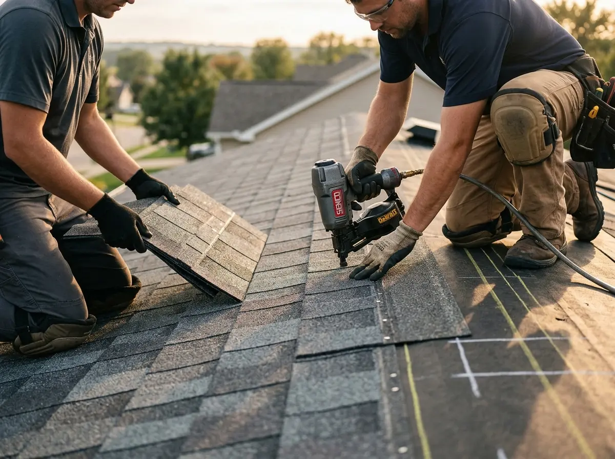 Professional roofer working on a residential roof in Pasco